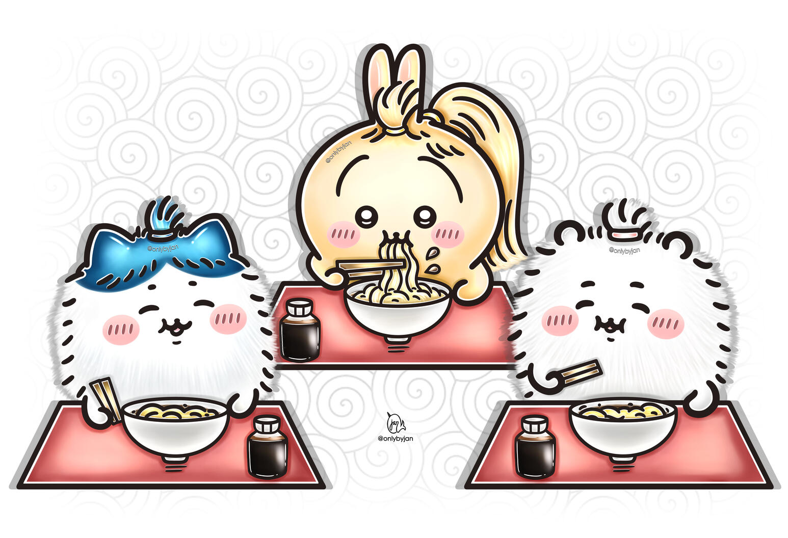 Chiikawa Trio eating noodles